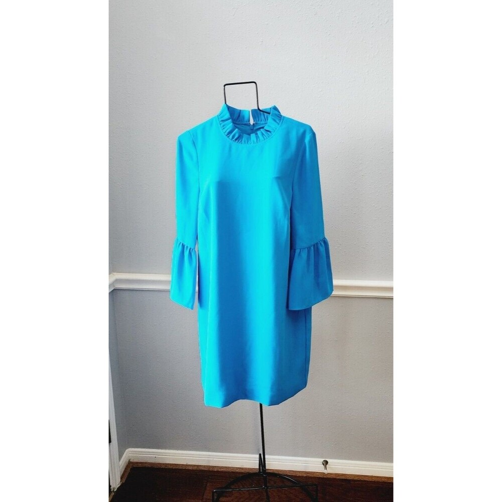 J Crew Shift Dress Blue Ruffle-neck Crepe 3/4 Sleeve Midi Career Office Size 10